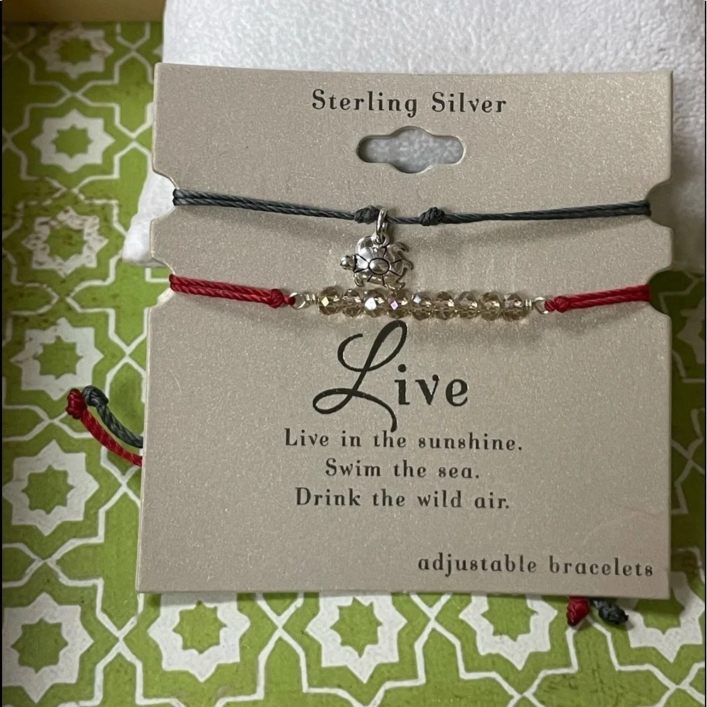 2 Adjustable Bracelets.Red With Crystals, Gray With Sterling Turtle Charm. NWT